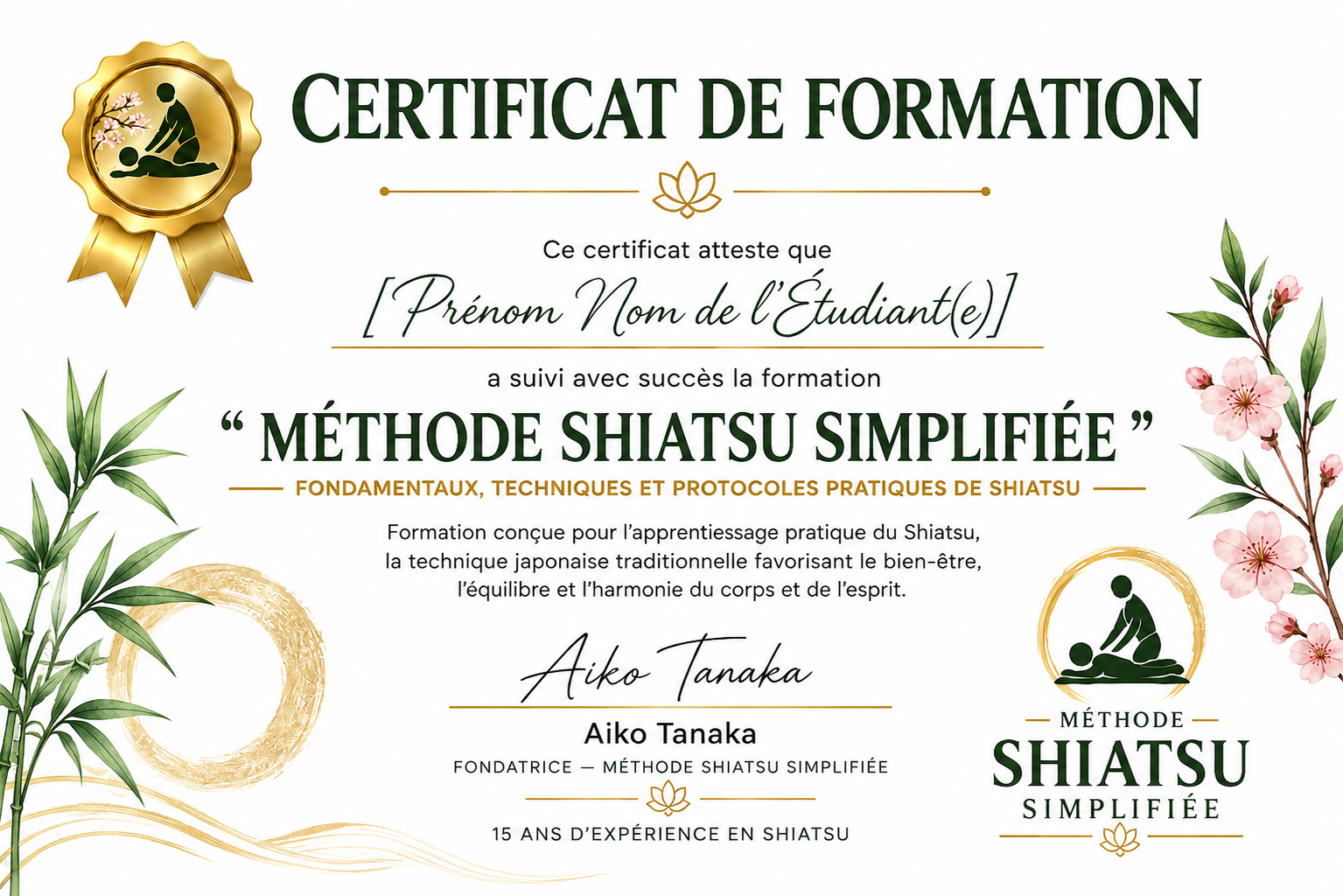 Certificado de formação — Método Shiatsu Simplificado
